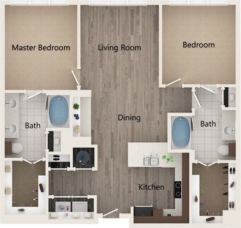 Floor plan for 2 beds, 2 baths, 1157 sqft
